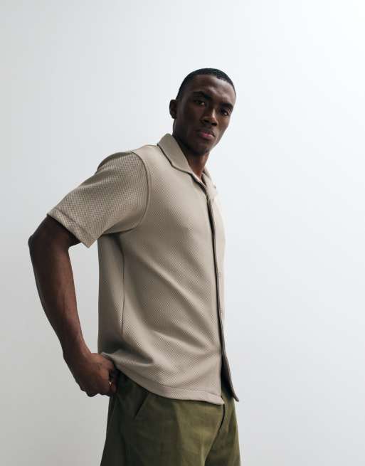 River Island textured revere shirt in stone, 4 of 5