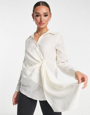River Island textured shirt with twist front detail in cream