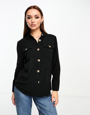 River Island Textured Shirt With Pearl Buttons In Black