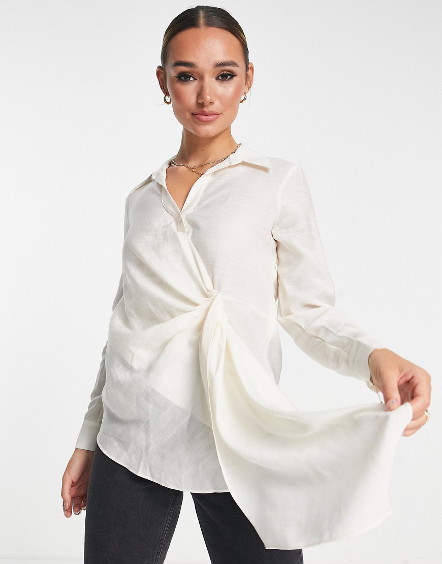 River Island textured shirt with twist front detail in cream-White