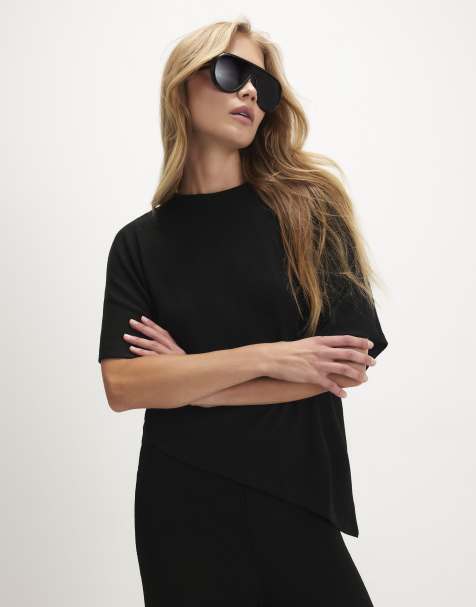 River Island Textured short sleeve asymmetric top in black - view 1