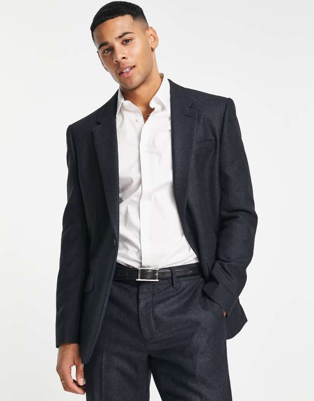 River Island textured slim suit jacket in navy check