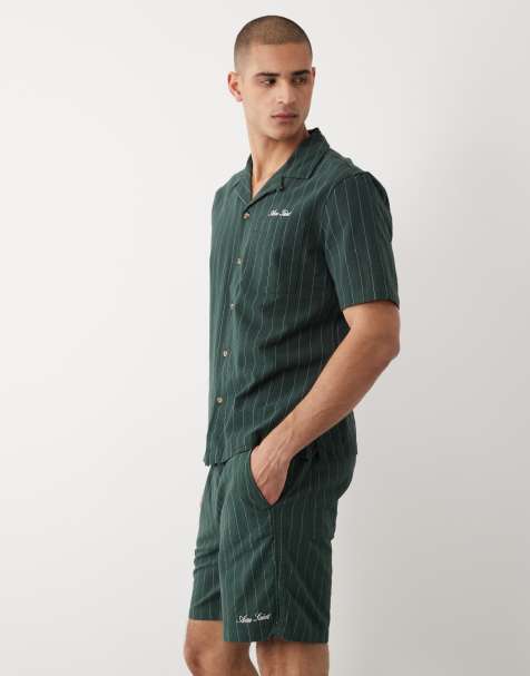 River Island textured striped revere shirt and shorts co-ord in dark green - view 1