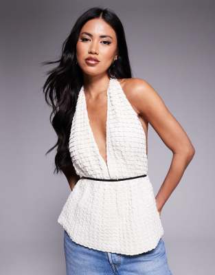 River Island Textured Tie Detail Halterneck Top In White