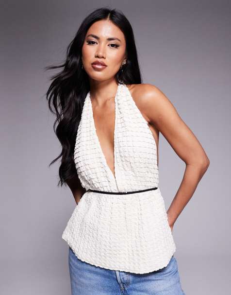River Island textured tie detail halterneck top in cream - view 1