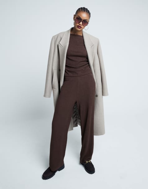 River Island textured wide leg trouser co-ord in dark brown - view 1