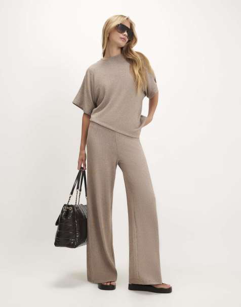 River Island Textured wide leg trousers in beige - view 1
