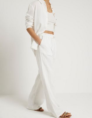 River Island Textured wide leg trousers in white