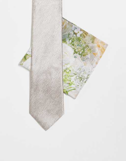 River Island tie and pocket square set in beige floral