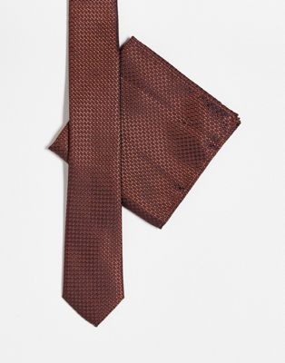 River Island tie and pocket square set in rust  - ASOS Price Checker