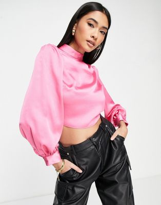 River Island tie back high neck blouse in pink - ASOS Price Checker