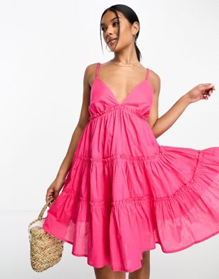River Island tie back tiered smock mini dress in bright pink - ASOS Price Checker