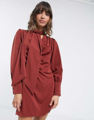 River Island tie cowl neck mini shift dress in burgundy-Red