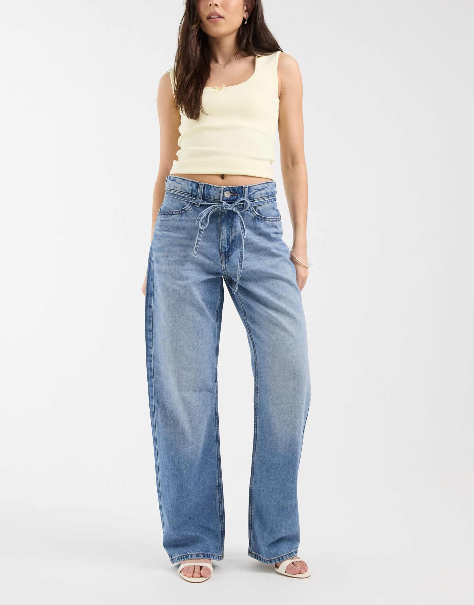 river island tie detail waist wide leg jeans in medium denim