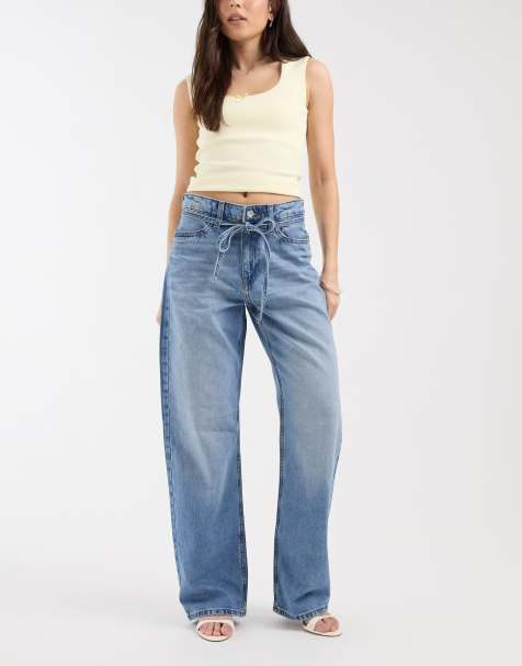 River Island tie detail waist wide leg jeans in medium denim