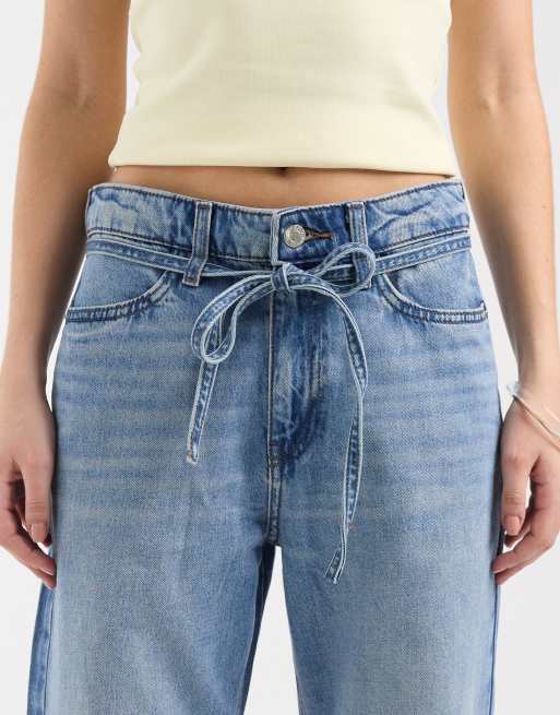 River Island tie detail waist wide leg jeans in medium denim, 5 of 5