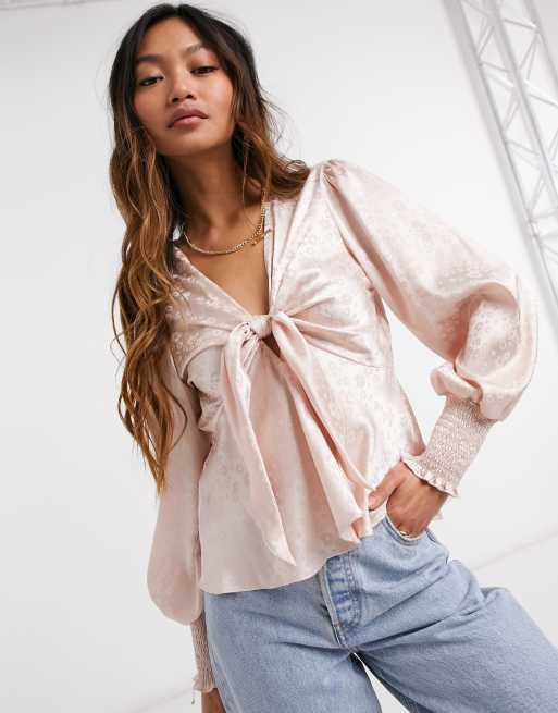 River Island Tie Front Blouse In Hazelnut Asos