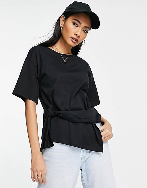 Tops River Island tie front drapey t-shirt in black 