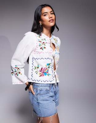 River Island Tie Front Embroidered Shirt In White