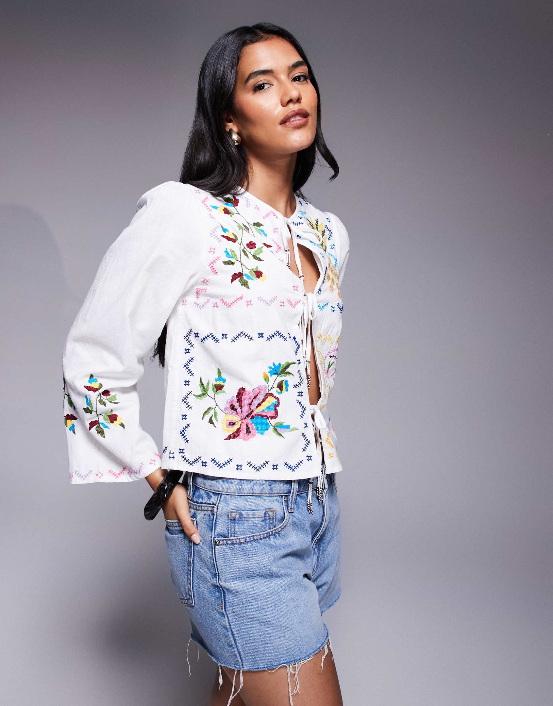 river island tie front embroidered shirt in white