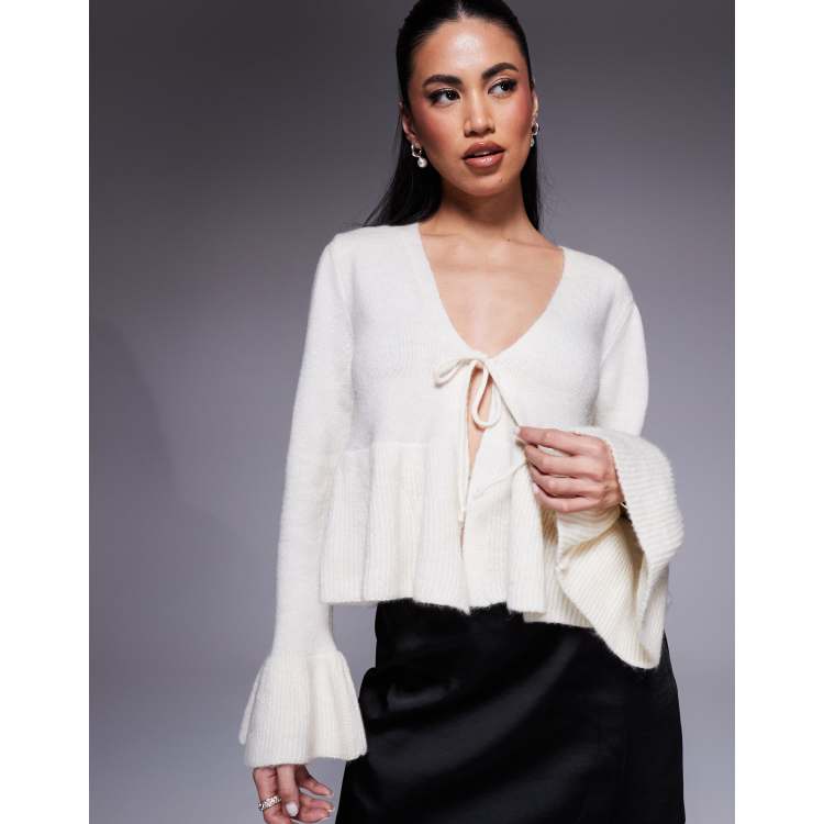 River Island tie front frilly cardigan in cream