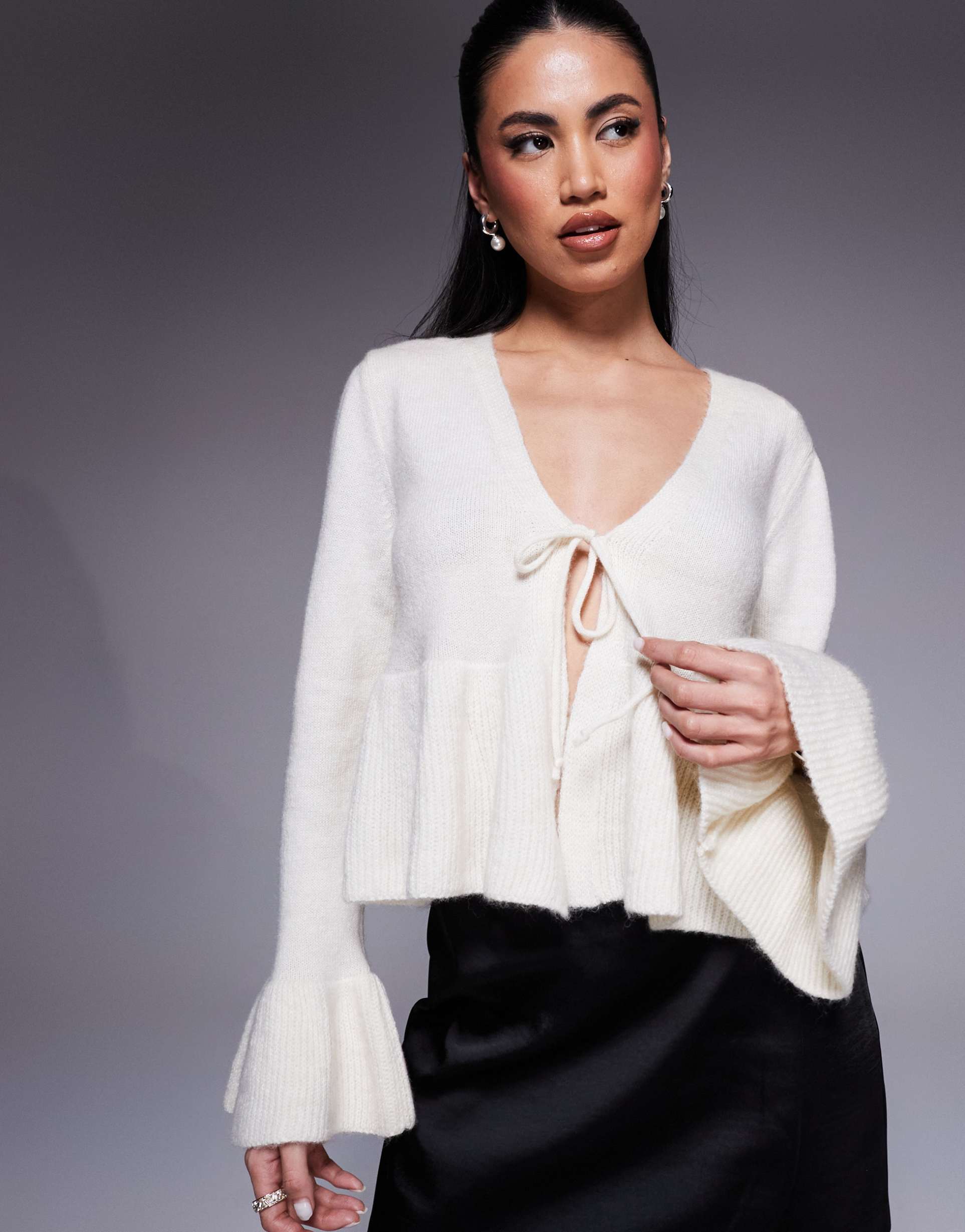 river island tie front frilly cardigan in cream