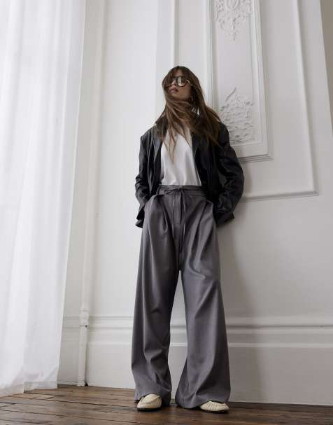 River Island Tie front high waisted trouser in grey