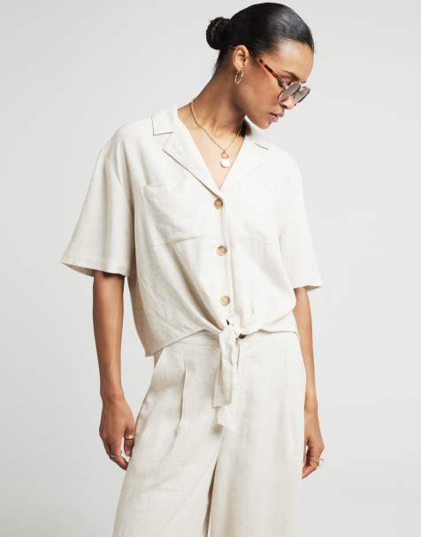 River Island tie front linen mix shirt in beige - view 1