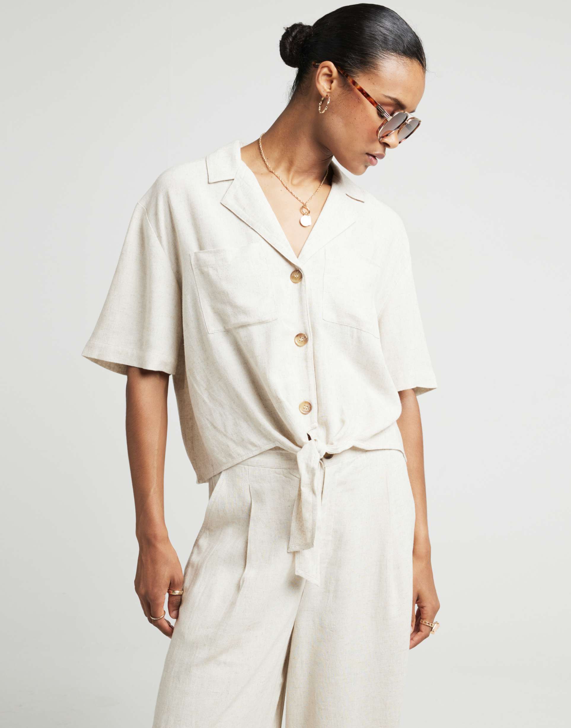 river island tie front linen mix shirt in beige