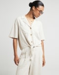 [River Island] River Island tie front linen shirt in beige-White 16 CREAM