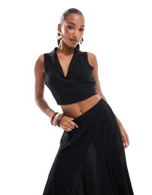 River Island Tie Front Linen Vest In Black