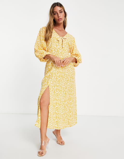 River Island tie front printed midi dress in yellow | ASOS