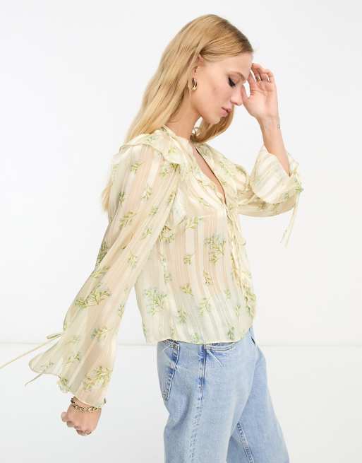 ASOS DESIGN tie front sheet blouse with frill neck in blue bright floral