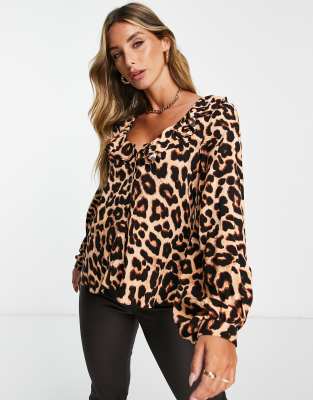 River Island Tie Front Ruffle Top In Animal Print-multi