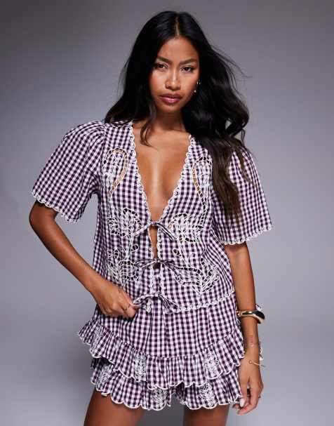 River Island tie front top co-ord in red gingham - view 1