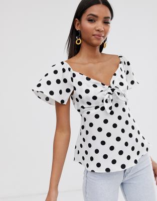 River Island tie front top in polka dot-White