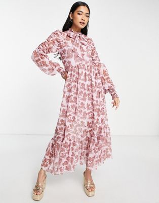 River Island tie neck floral tea midi dress in light pink - ASOS Price Checker