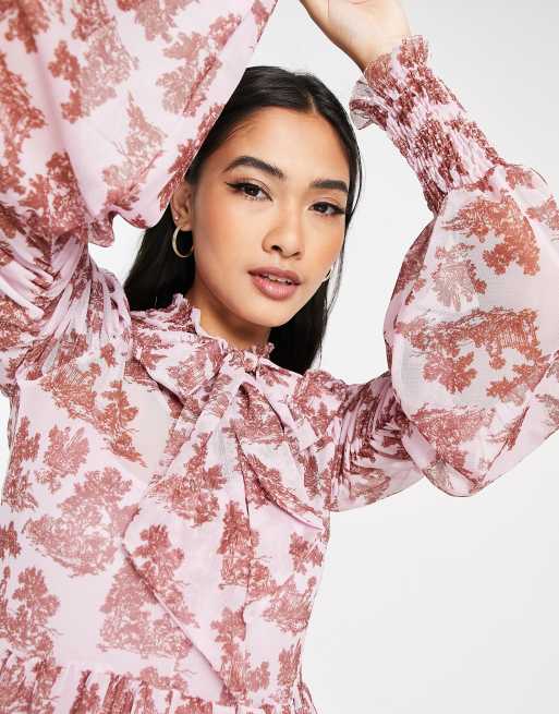 River Island tie neck floral tea midi dress in light pink, 2 of 4