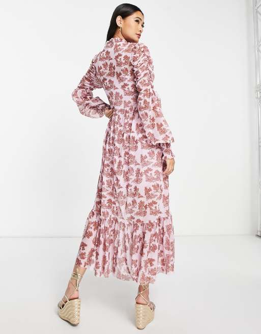 River Island tie neck floral tea midi dress in light pink, 3 of 4