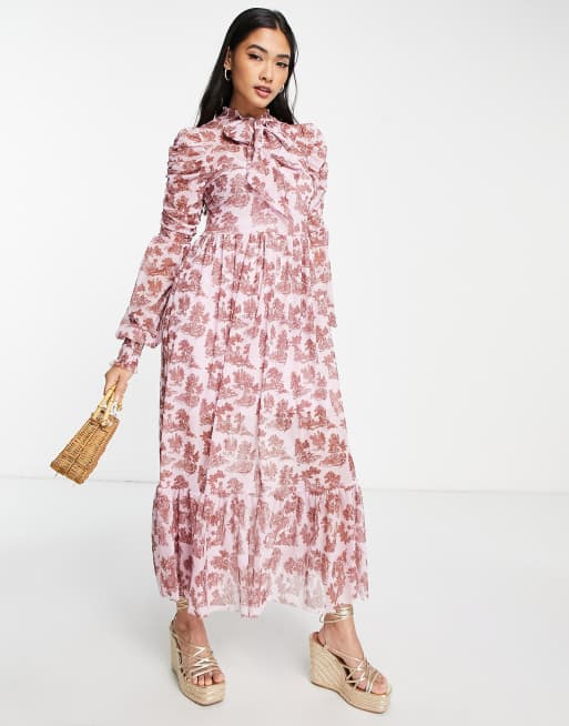 River Island tie neck floral tea midi dress in light pink, 4 of 4