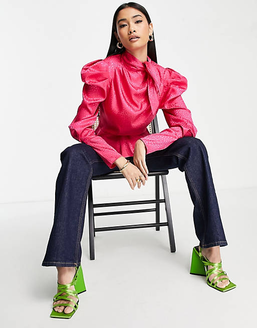 Women Shirts & Blouses/River Island tie neck puff sleeve blouse in bright pink 