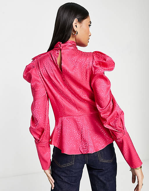 Women Shirts & Blouses/River Island tie neck puff sleeve blouse in bright pink 