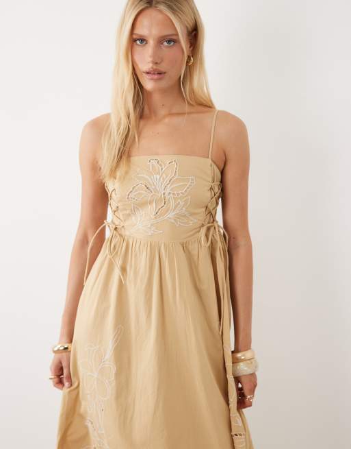 River Island tie side floral embroidered midi dress in stone, 2 of 4