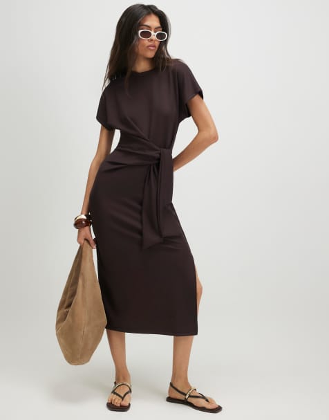 River Island Tie side midi dress in brown - view 1