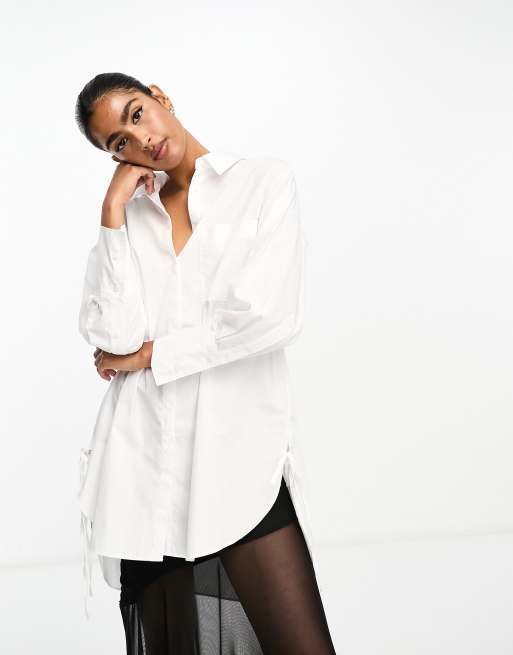 River Island Tie Side Oversized Shirt in White | ASOS