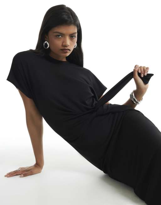River Island Tie side premium midi dress in black, 2 of 4