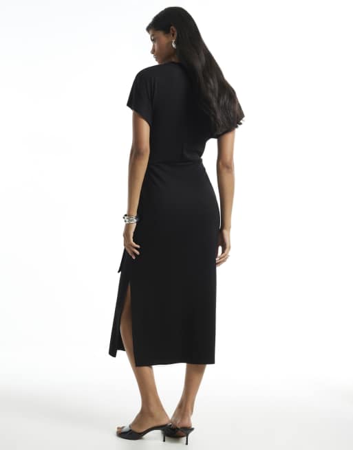 River Island Tie side premium midi dress in black, 4 of 4
