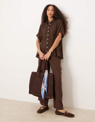 River Island Tie Sleeve Detail Linen Look Shirt In Brown