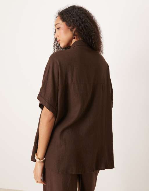 River Island tie sleeve detail linen look shirt in brown, 4 of 4