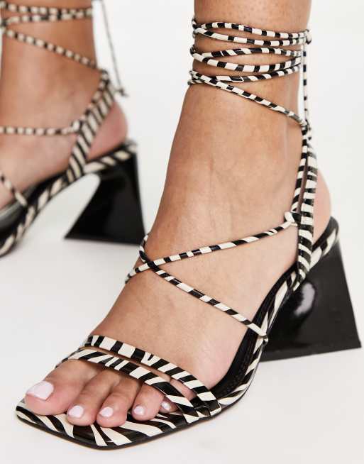 River Island tie up strappy zebra heeled sandals with flared heel in white, 3 of 4
